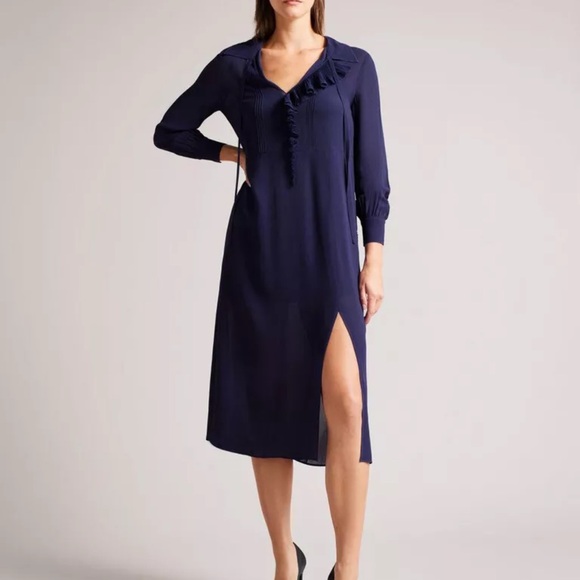 Ted Baker Faithiy Asymmetric Ruffle Midi Skirt Dress Dark Navy Womens Size Ted 2 - Picture 9 of 17